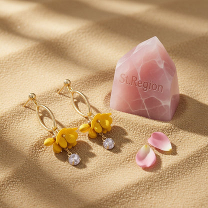 Yellow Acrylic and Cubic Zirconia 18K Gold-Plated Floral Drop Earrings, gold drop earrings for women, detail close-up