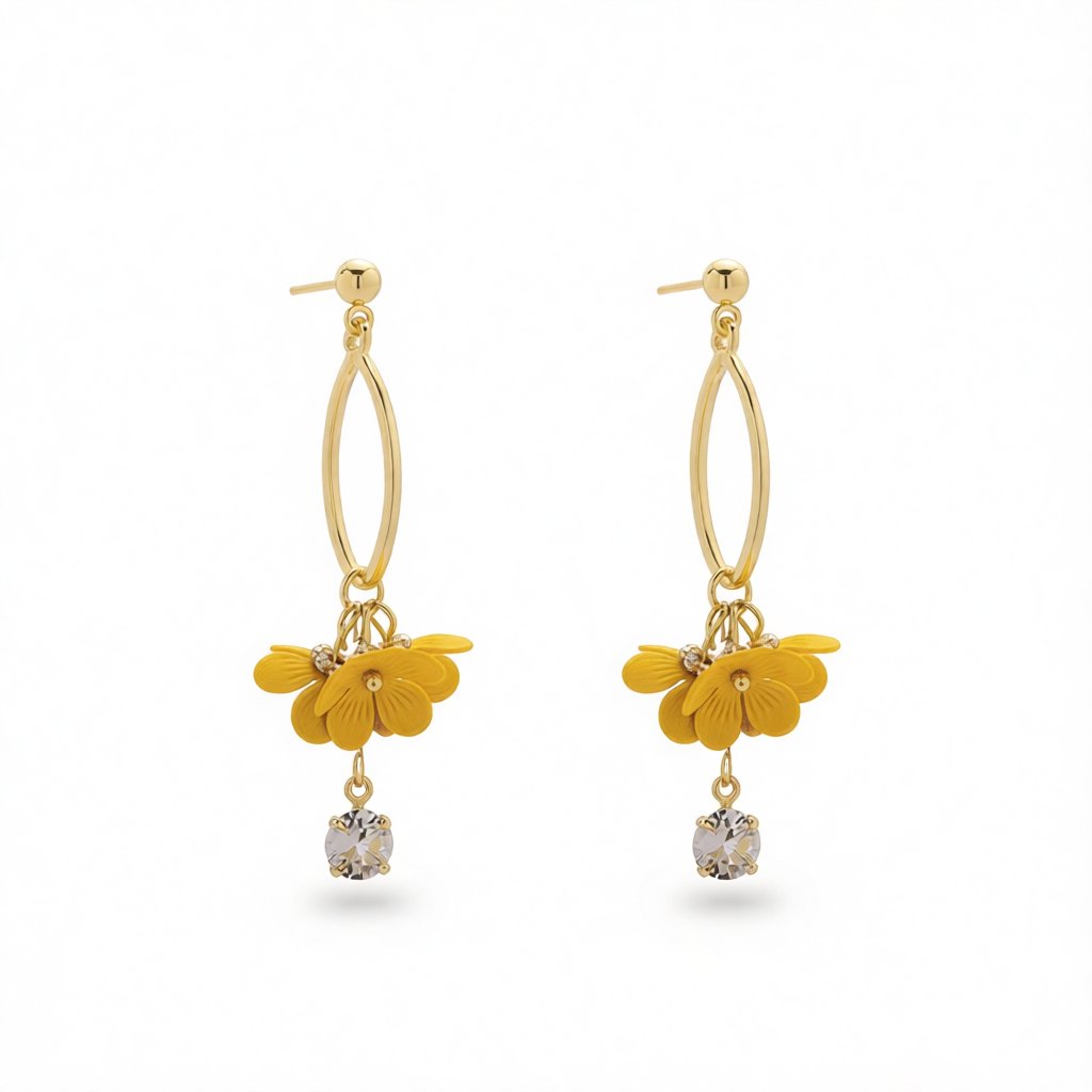 Yellow Acrylic and Cubic Zirconia 18K Gold-Plated Floral Drop Earrings, gold drop earrings for women, side view