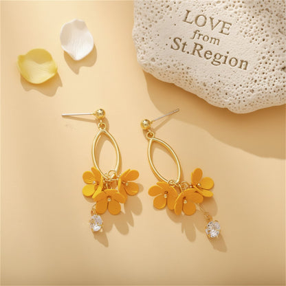 Yellow Acrylic and Cubic Zirconia 18K Gold-Plated Floral Drop Earrings, gold drop earrings for women, lifestyle look