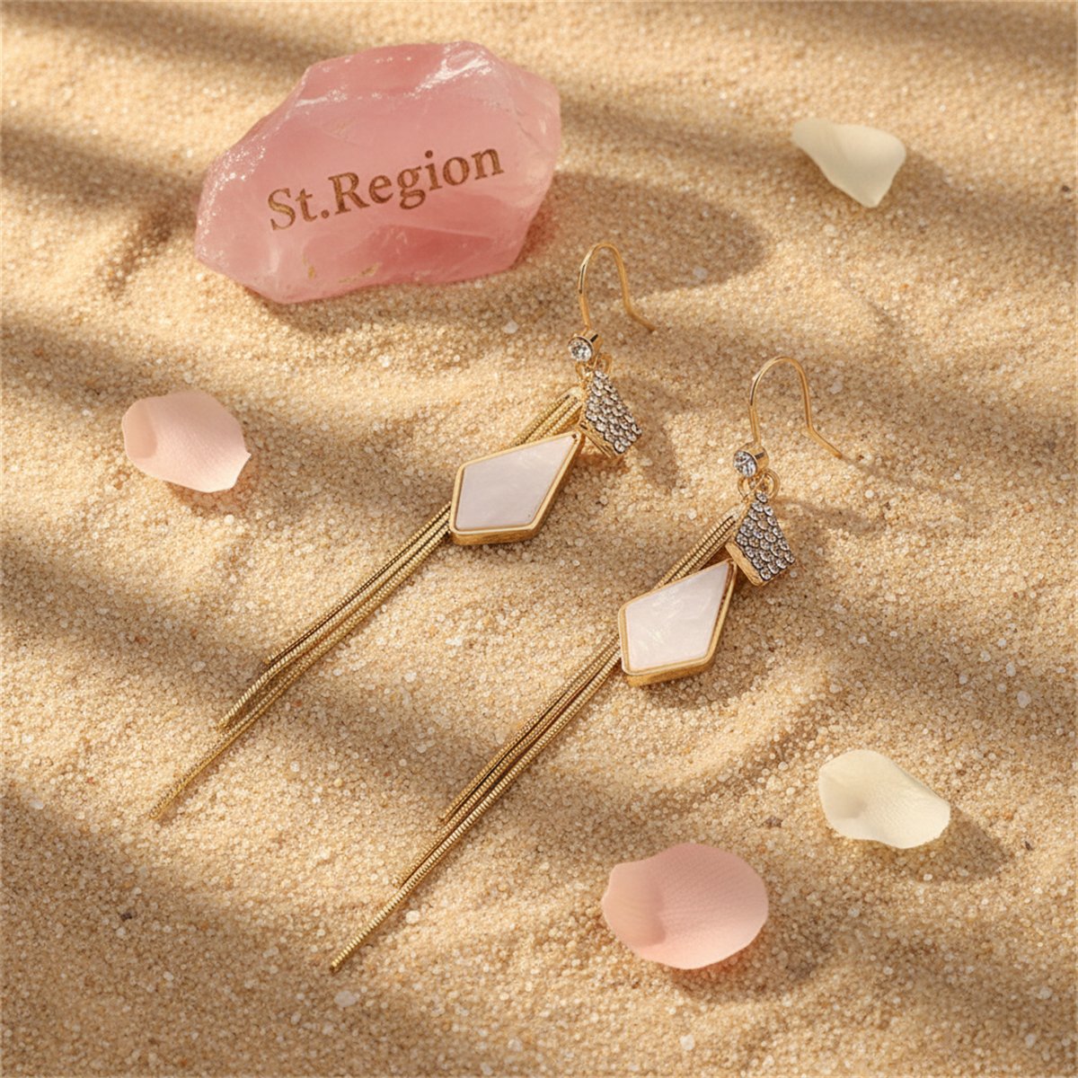 White Shell and Cubic Zirconia 18K Gold-Plated Rhombus Tassel Drop Earrings, gold drop earrings for women, detail close-up