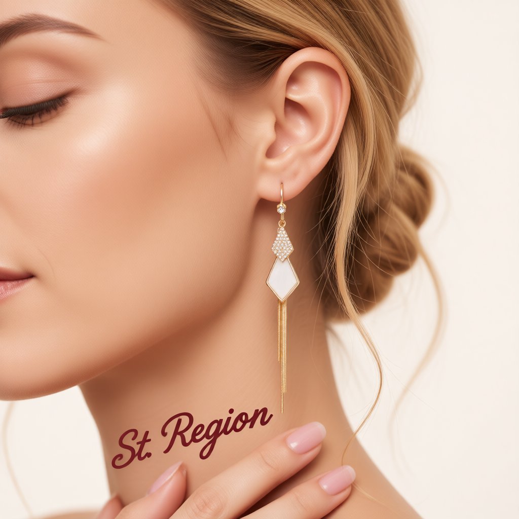 White Shell and Cubic Zirconia 18K Gold-Plated Rhombus Tassel Drop Earrings, gold drop earrings for women, styled look