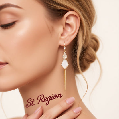 White Shell and Cubic Zirconia 18K Gold-Plated Rhombus Tassel Drop Earrings, gold drop earrings for women, styled look