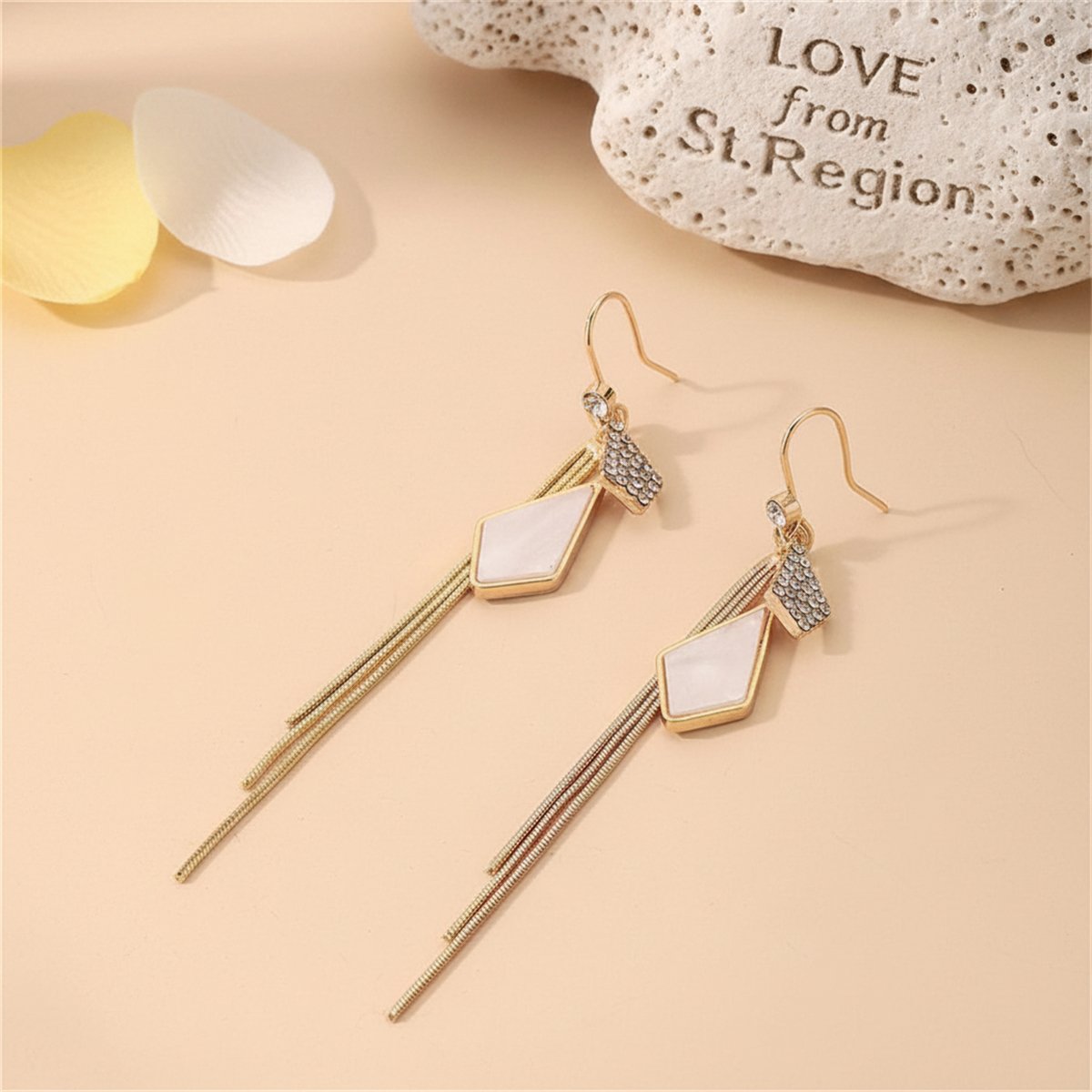 White Shell and Cubic Zirconia 18K Gold-Plated Rhombus Tassel Drop Earrings, gold drop earrings for women, lifestyle look
