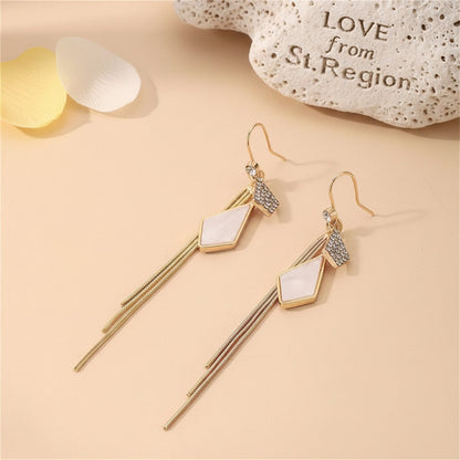 White Shell and Cubic Zirconia 18K Gold-Plated Rhombus Tassel Drop Earrings, gold drop earrings for women, lifestyle look