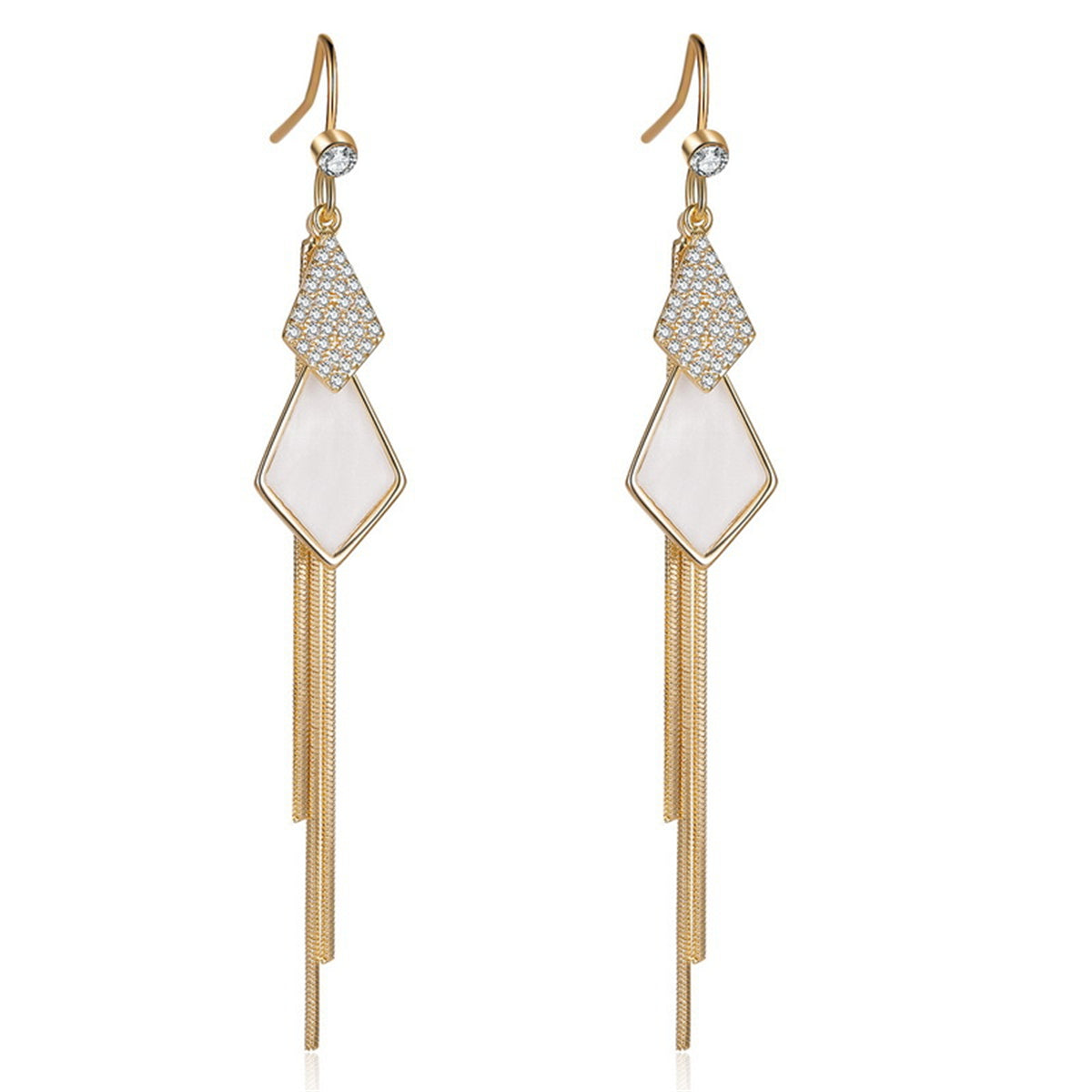 White Shell and Cubic Zirconia 18K Gold-Plated Rhombus Tassel Drop Earrings, gold drop earrings for women, side view