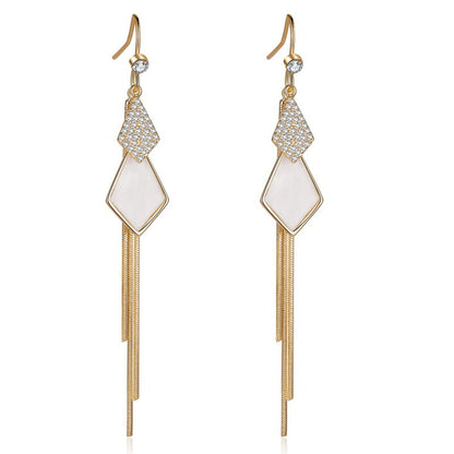 White Shell and Cubic Zirconia 18K Gold-Plated Rhombus Tassel Drop Earrings, gold drop earrings for women, side view