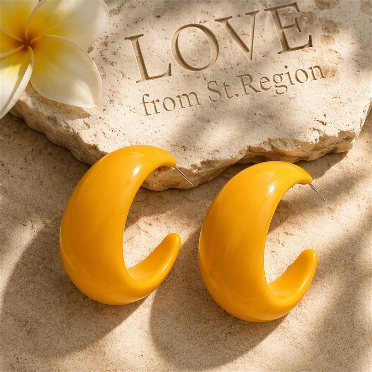 Yellow Resin and Silver-Plated Chunky C-Shaped Huggie Earrings, silver huggie earrings, elegant gift for her, lifestyle look
