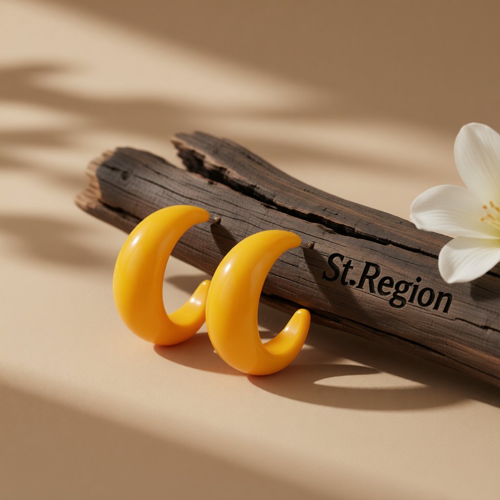 Yellow Resin and Silver-Plated Chunky C-Shaped Huggie Earrings, silver huggie earrings, elegant gift for her, front view