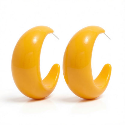 Yellow Resin and Silver-Plated Chunky C-Shaped Huggie Earrings, silver huggie earrings, elegant gift for her, side view