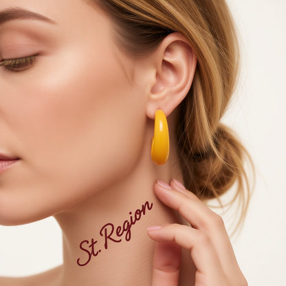 Yellow Resin and Silver-Plated Chunky C-Shaped Huggie Earrings, silver huggie earrings, elegant gift for her, styled look