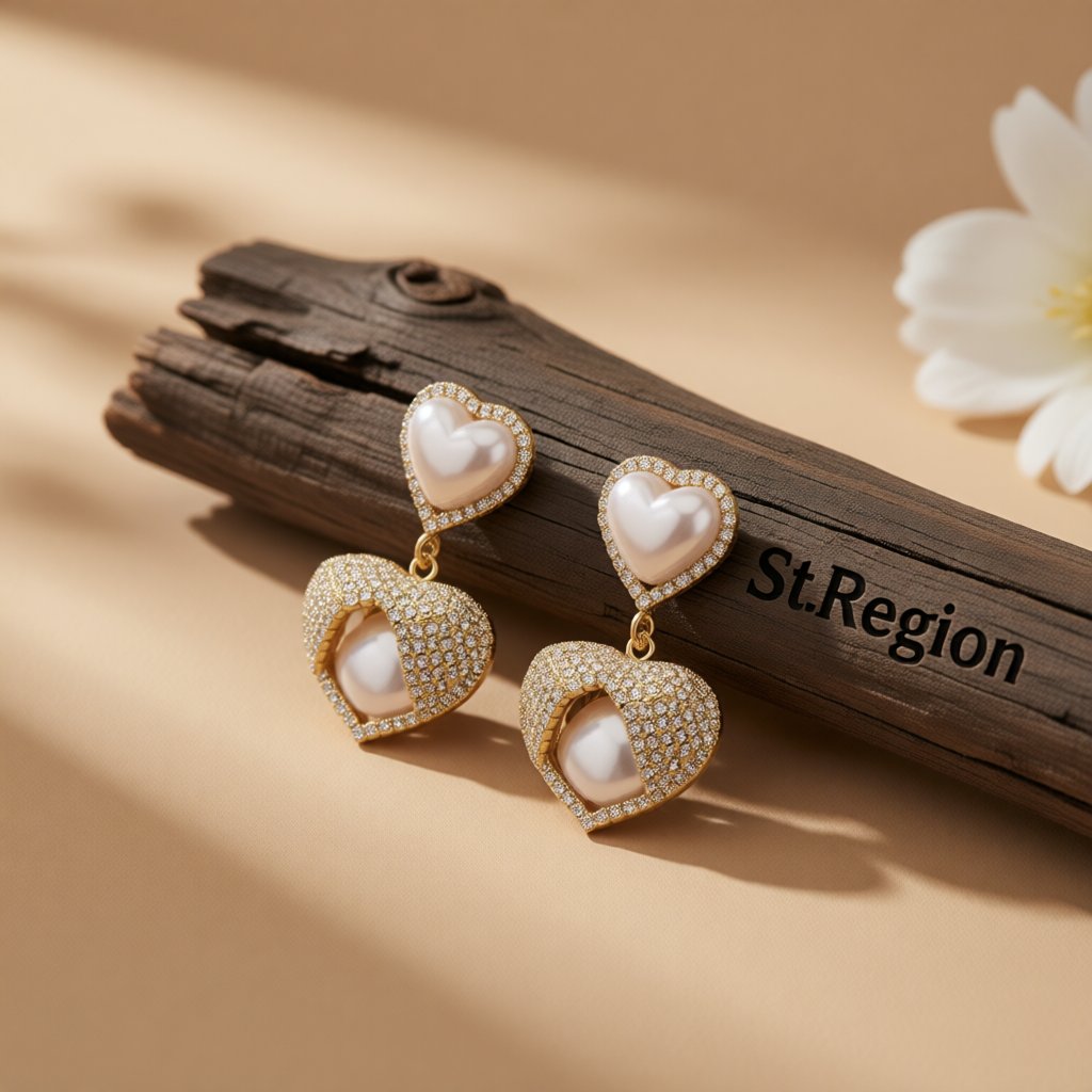 Cubic Zirconia and Pearl 18K Gold-Plated Double Heart Drop Earrings, gold drop earrings for women, front view