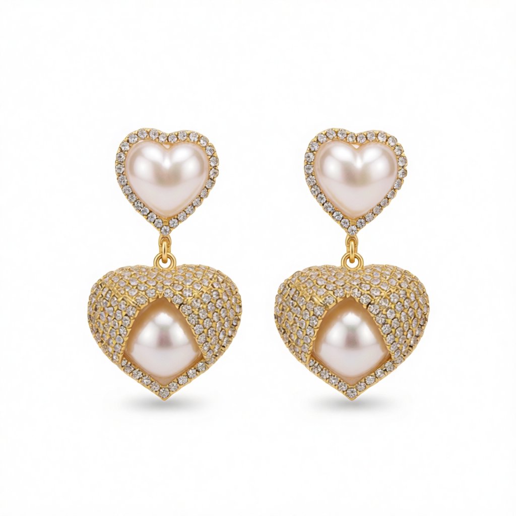 Cubic Zirconia and Pearl 18K Gold-Plated Double Heart Drop Earrings, gold drop earrings for women, side view