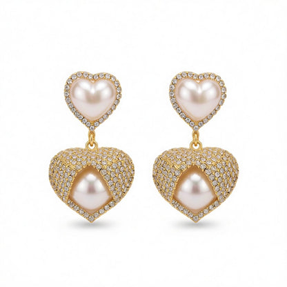 Cubic Zirconia and Pearl 18K Gold-Plated Double Heart Drop Earrings, gold drop earrings for women, side view