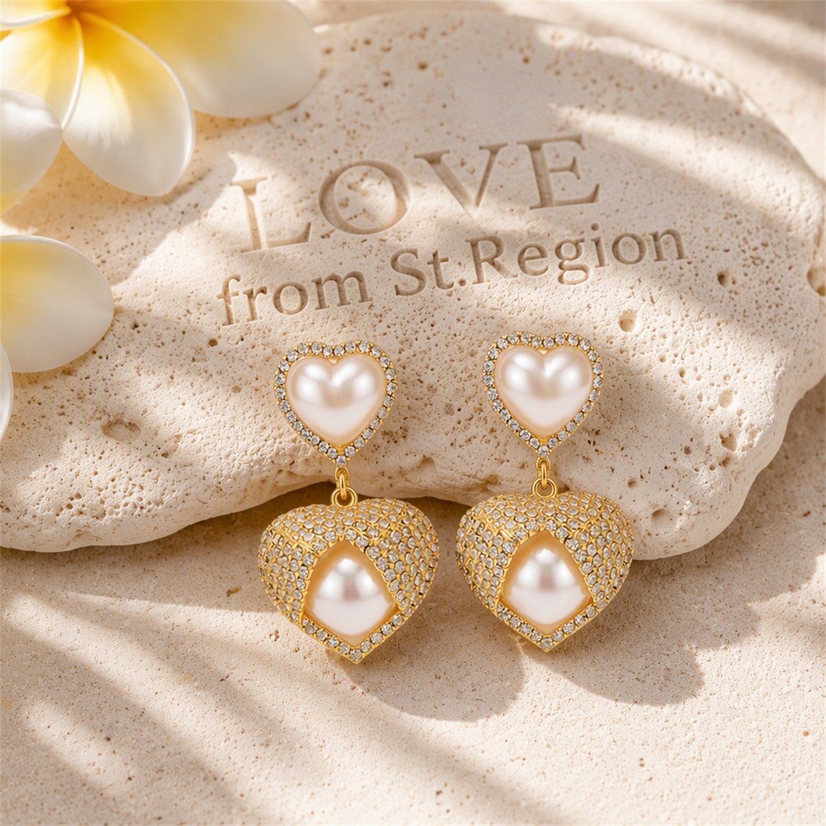 Cubic Zirconia and Pearl 18K Gold-Plated Double Heart Drop Earrings, gold drop earrings for women, lifestyle look