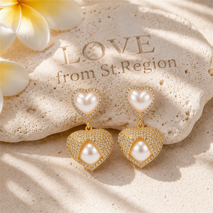 Cubic Zirconia and Pearl 18K Gold-Plated Double Heart Drop Earrings, gold drop earrings for women, lifestyle look