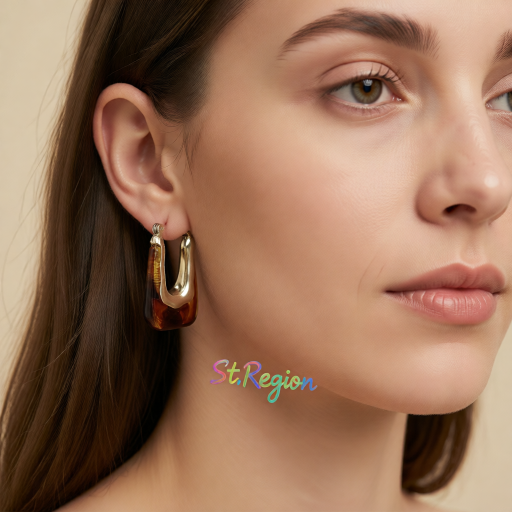 Brown Resin & 18K Gold-Plated U-Shape Huggie Earring