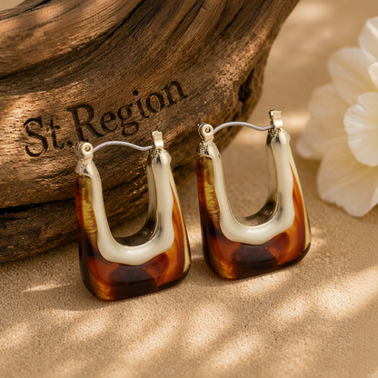 Brown Resin & 18K Gold-Plated U-Shape Huggie Earring
