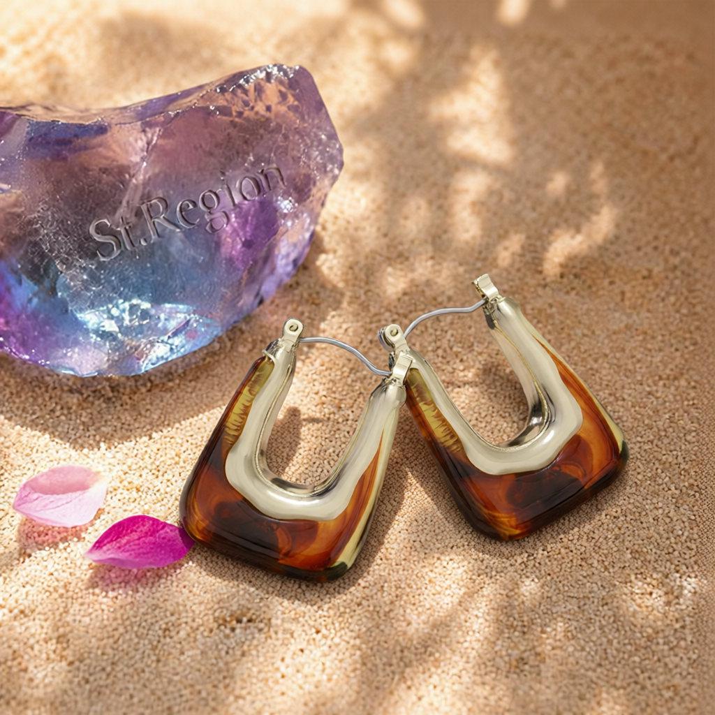 Brown Resin & 18K Gold-Plated U-Shape Huggie Earring