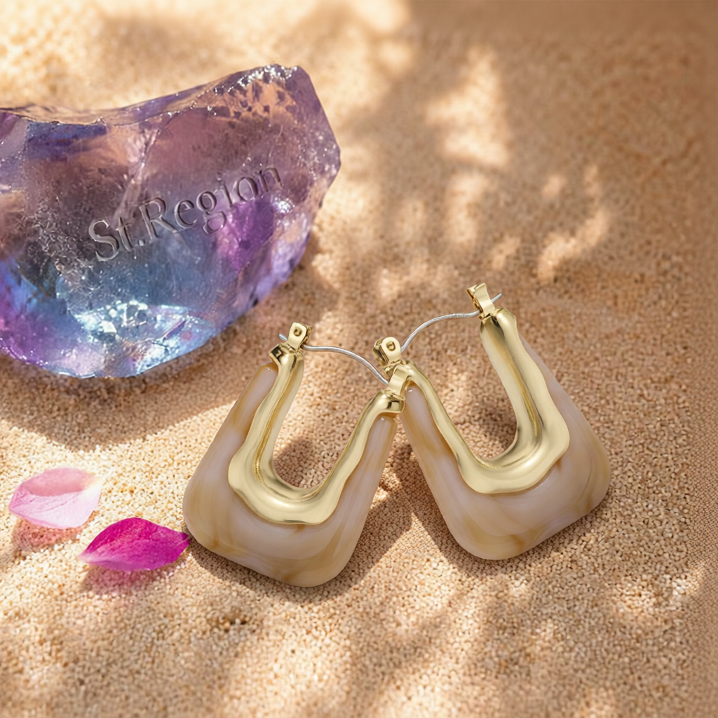 Coffee Resin & 18K Gold-Plated U-Shape Huggie Earring