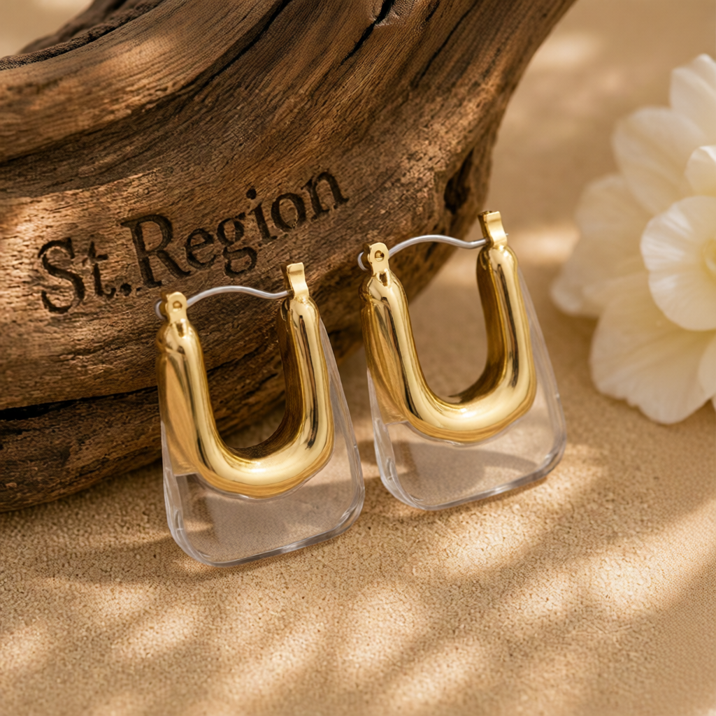 Clear Resin & 18K Gold-Plated U-Shape Huggie Earring