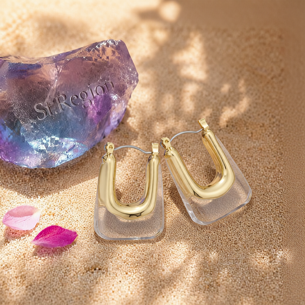 Clear Resin & 18K Gold-Plated U-Shape Huggie Earring