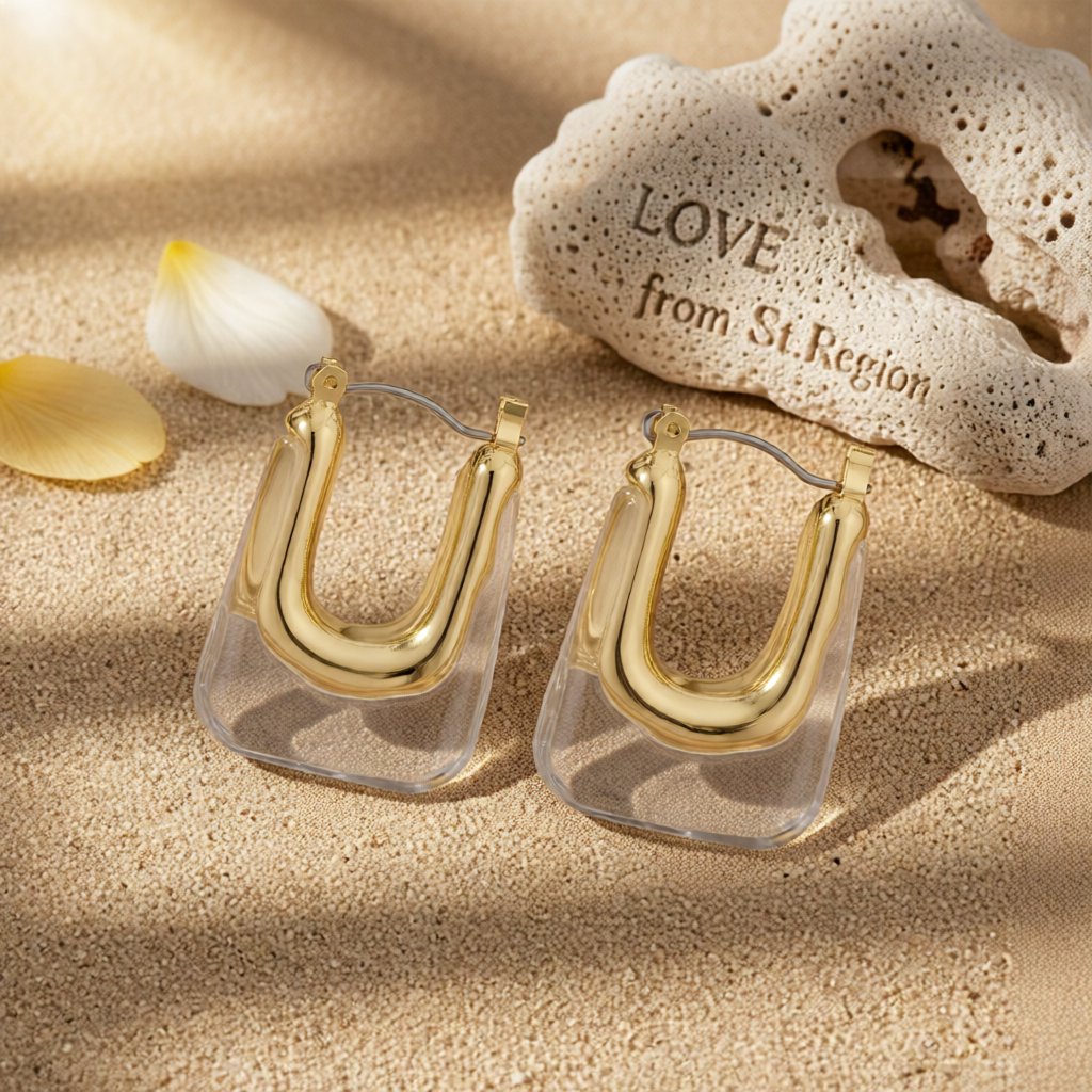 Clear Resin & 18K Gold-Plated U-Shape Huggie Earring
