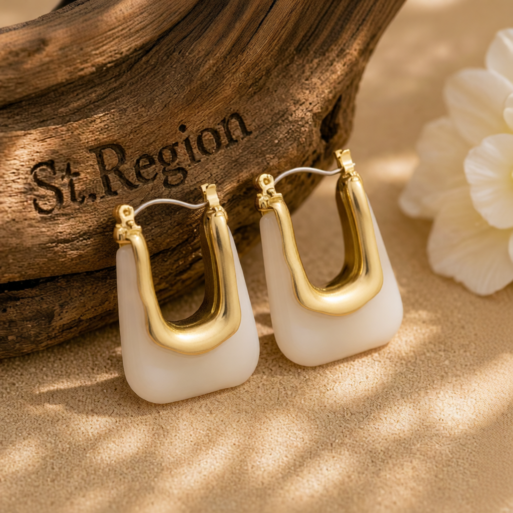 Cream Resin & 18K Gold-Plated U-Shape Huggie Earring