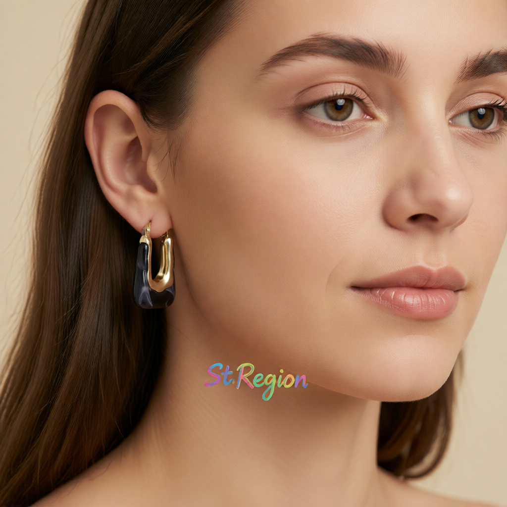 Dark Gray Resin & 18K Gold-Plated U-Shape Huggie Earring
