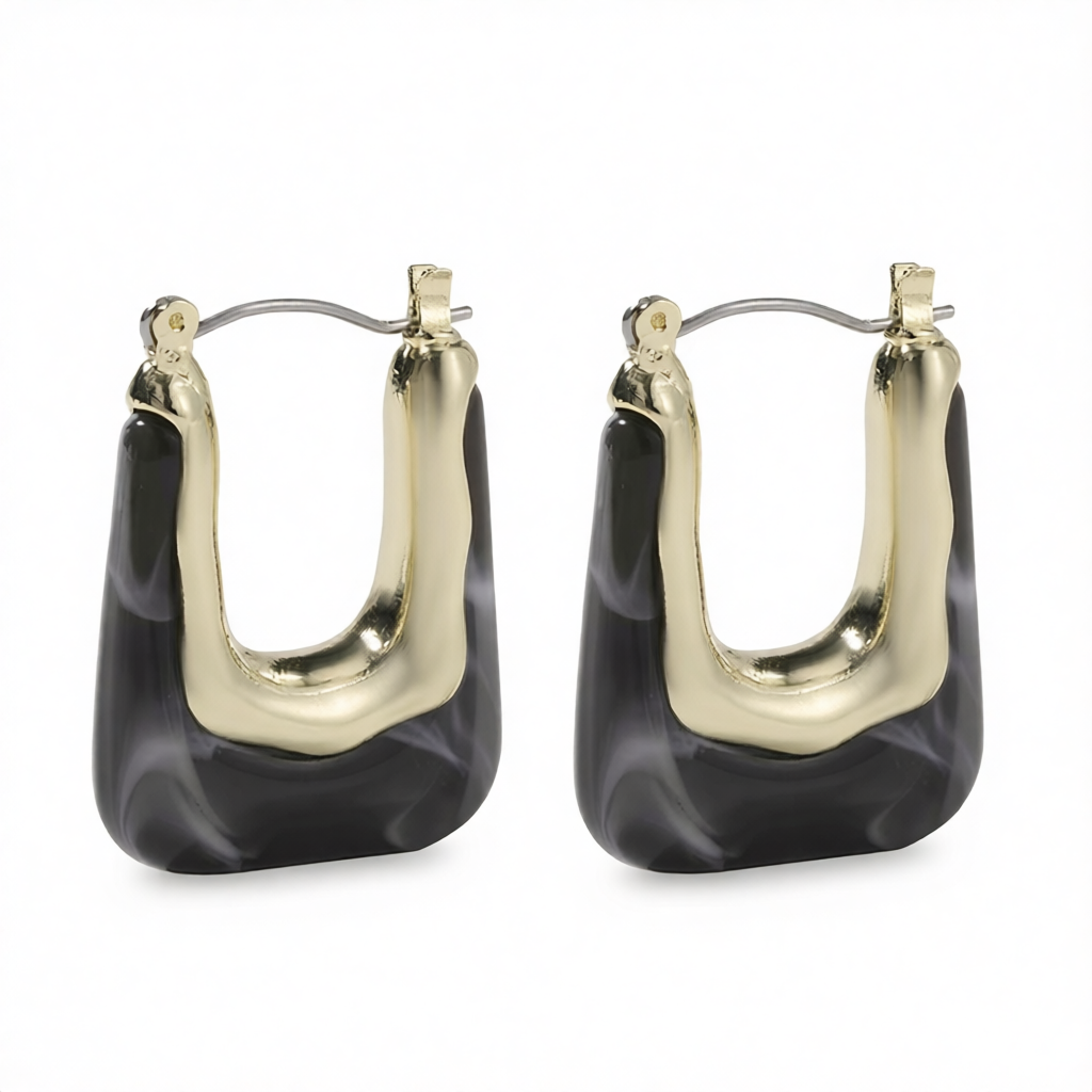 Dark Gray Resin & 18K Gold-Plated U-Shape Huggie Earring