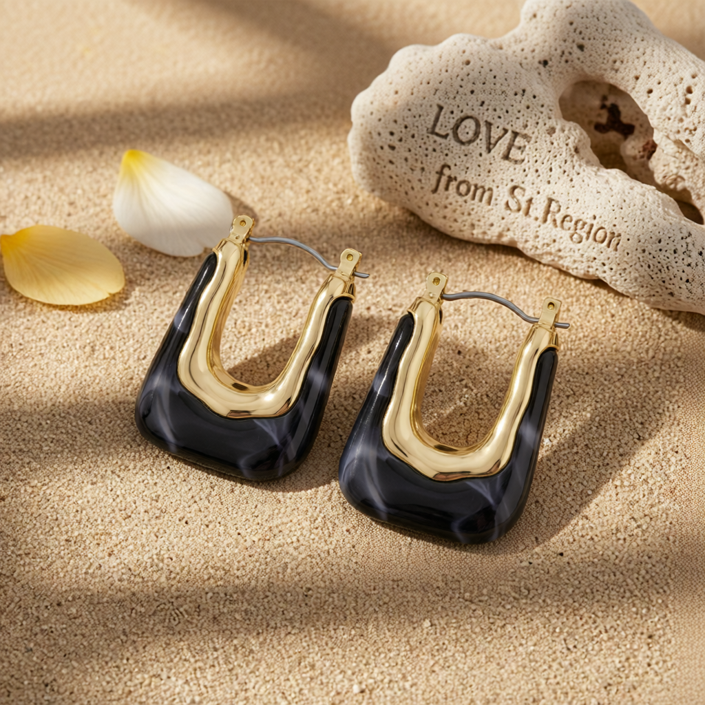 Dark Gray Resin & 18K Gold-Plated U-Shape Huggie Earring