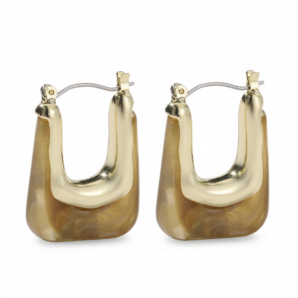 Light Brown Resin & 18K Gold-Plated U-Shape Huggie Earring