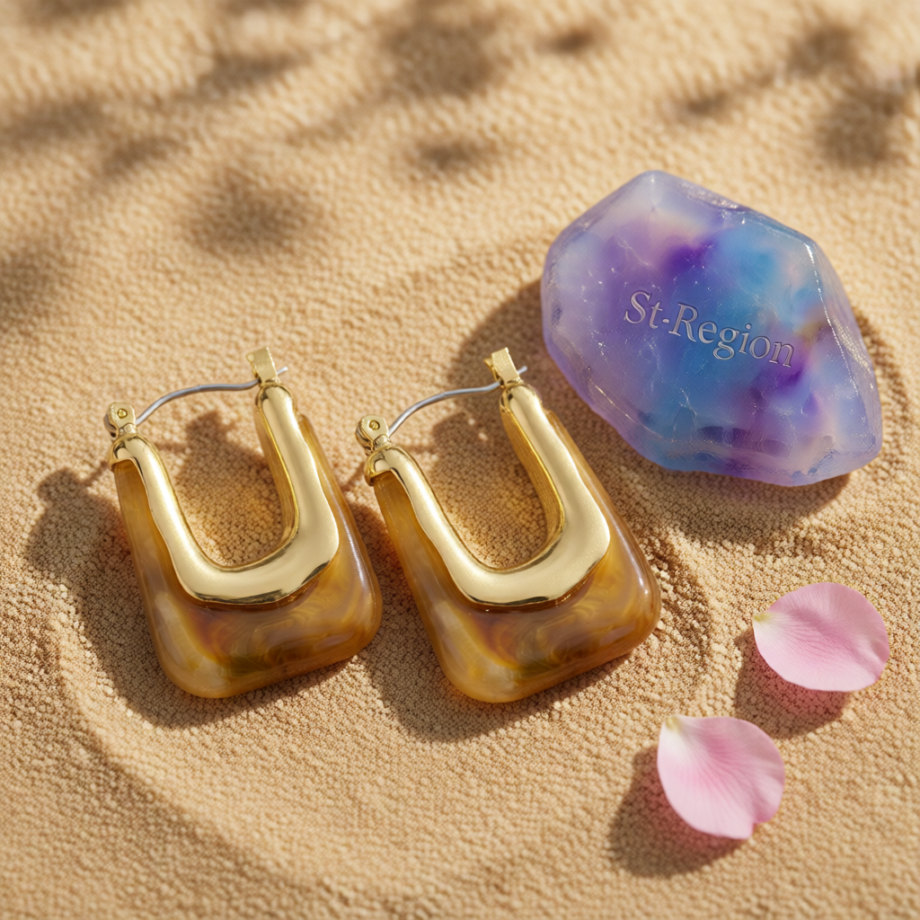 Light Brown Resin & 18K Gold-Plated U-Shape Huggie Earring