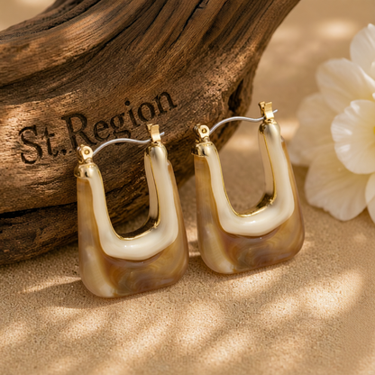 Light Brown Resin & 18K Gold-Plated U-Shape Huggie Earring