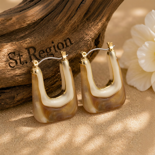 Light Brown Resin & 18K Gold-Plated U-Shape Huggie Earring