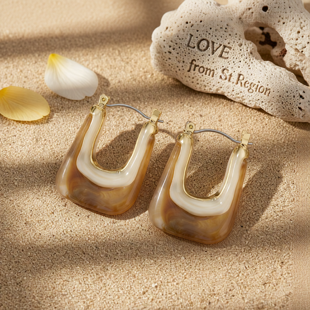 Light Brown Resin & 18K Gold-Plated U-Shape Huggie Earring