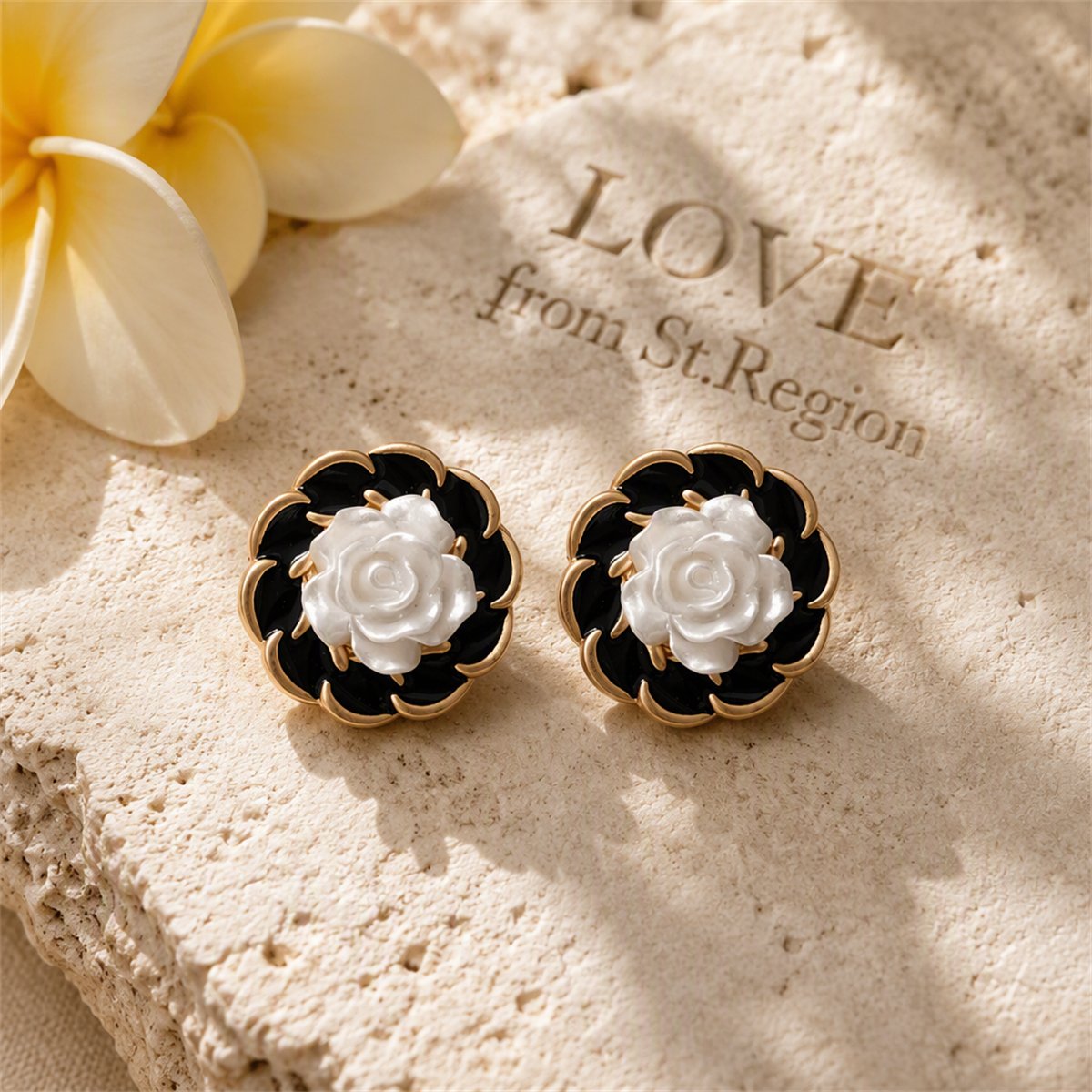 White and Black Camellia Stud Earrings, stud earrings for women, everyday style, lifestyle look