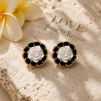 White and Black Camellia Stud Earrings, stud earrings for women, everyday style, lifestyle look