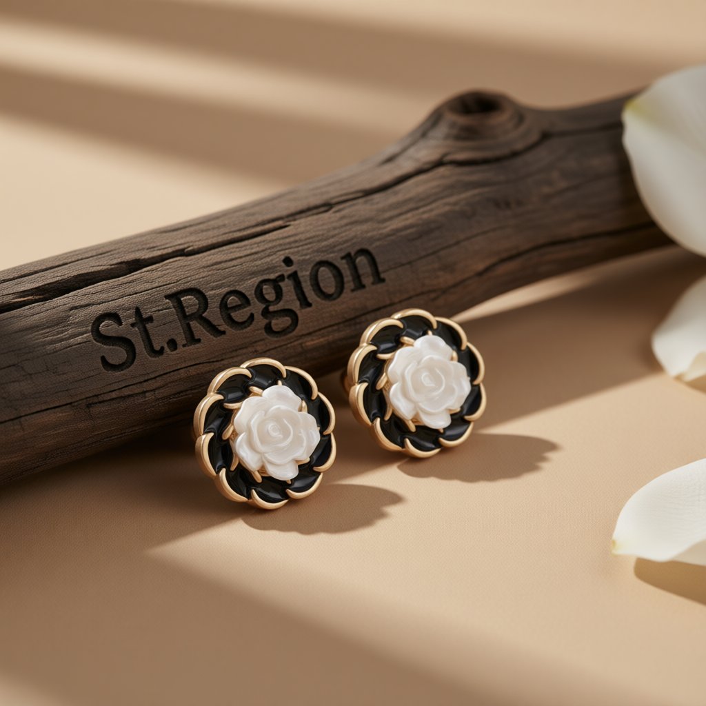 White and Black Camellia Stud Earrings, stud earrings for women, everyday style, front view