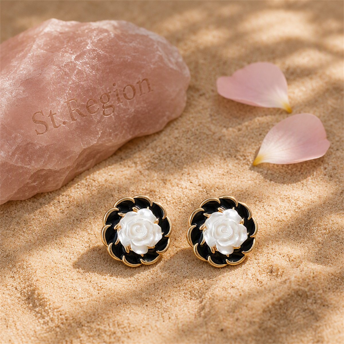 White and Black Camellia Stud Earrings, stud earrings for women, everyday style, detail close-up