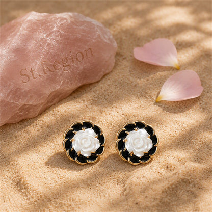 White and Black Camellia Stud Earrings, stud earrings for women, everyday style, detail close-up