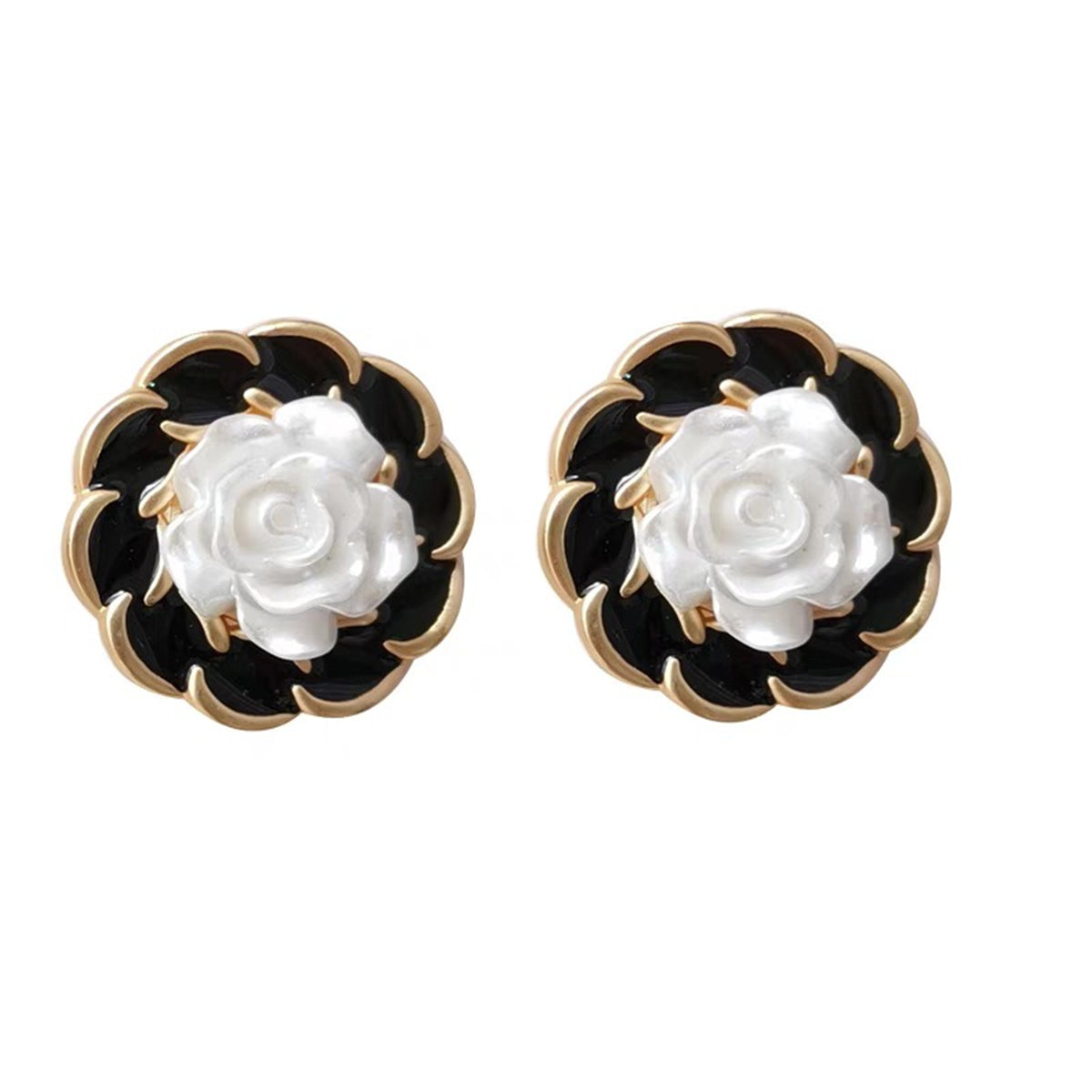 White and Black Camellia Stud Earrings, stud earrings for women, everyday style, side view