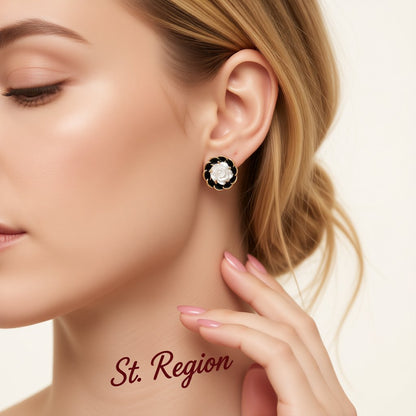 White and Black Camellia Stud Earrings, stud earrings for women, everyday style, styled look