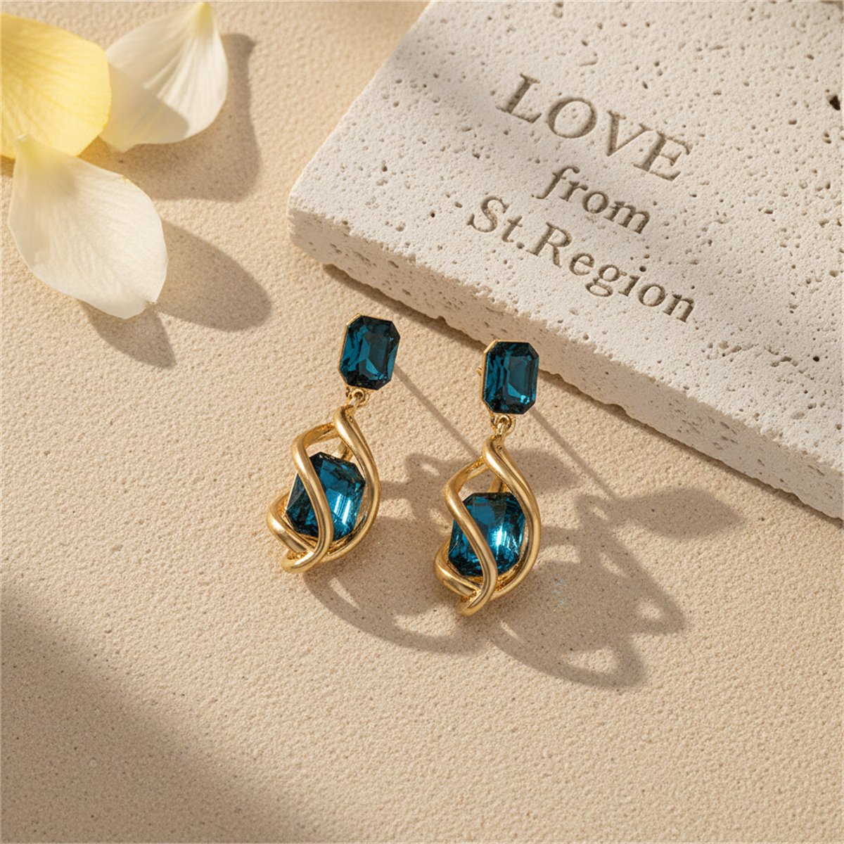 Blue Crystal and 18K Gold-Plated Twisted Drop Earrings, gold drop earrings for women, botanical inspired, lifestyle look