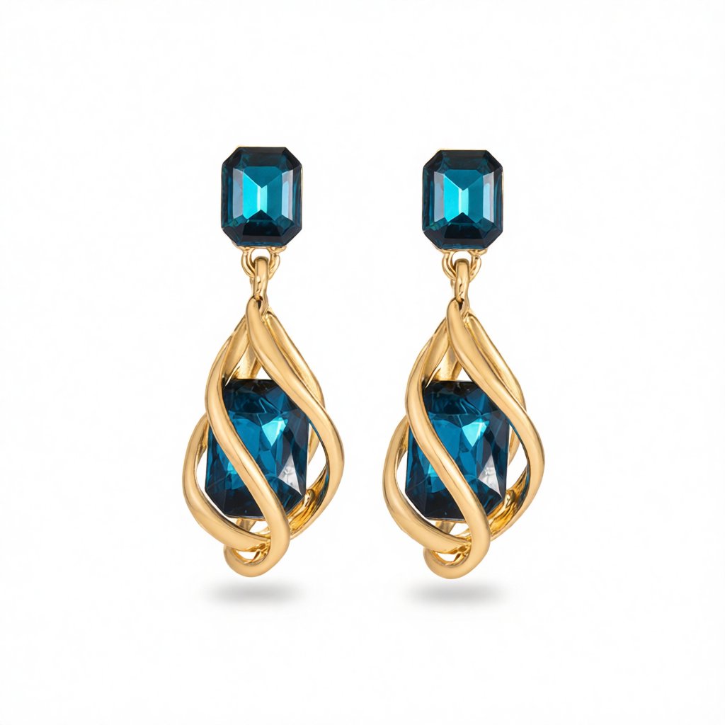 Blue Crystal and 18K Gold-Plated Twisted Drop Earrings, gold drop earrings for women, botanical inspired, side view