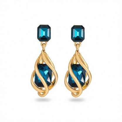 Blue Crystal and 18K Gold-Plated Twisted Drop Earrings, gold drop earrings for women, botanical inspired, side view