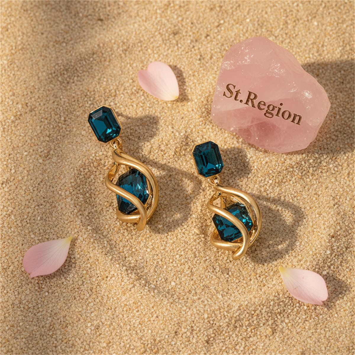 Blue Crystal and 18K Gold-Plated Twisted Drop Earrings, gold drop earrings for women, botanical inspired, detail close-up