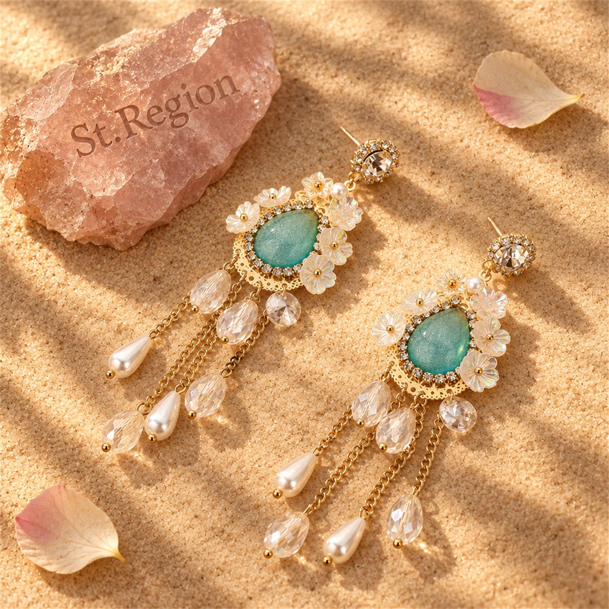 Cubic Zirconia and Pearl 18K Gold-Plated Flower Tassel Drop Earrings, gold drop earrings for women, detail close-up