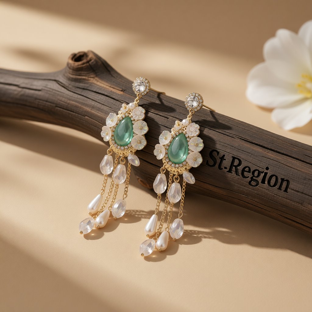 Cubic Zirconia and Pearl 18K Gold-Plated Flower Tassel Drop Earrings, gold drop earrings for women, front view