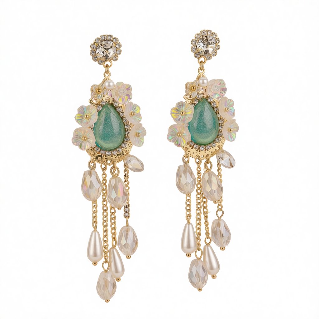 Cubic Zirconia and Pearl 18K Gold-Plated Flower Tassel Drop Earrings, gold drop earrings for women, side view