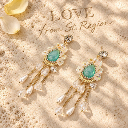 Cubic Zirconia and Pearl 18K Gold-Plated Flower Tassel Drop Earrings, gold drop earrings for women, lifestyle look